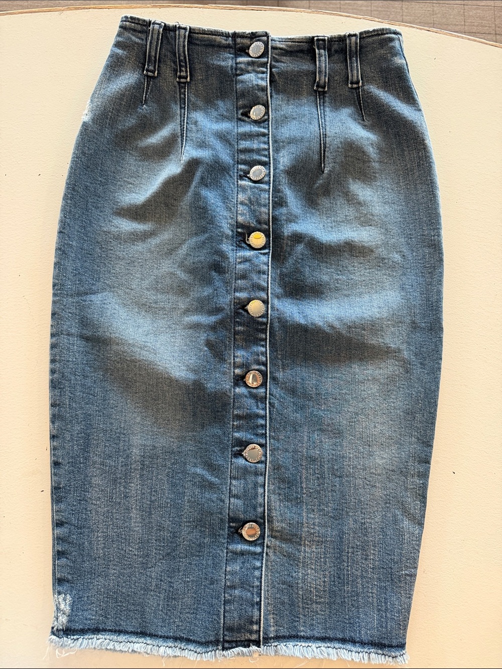Retrofete Blue Button-Front Denim Pencil Skirt